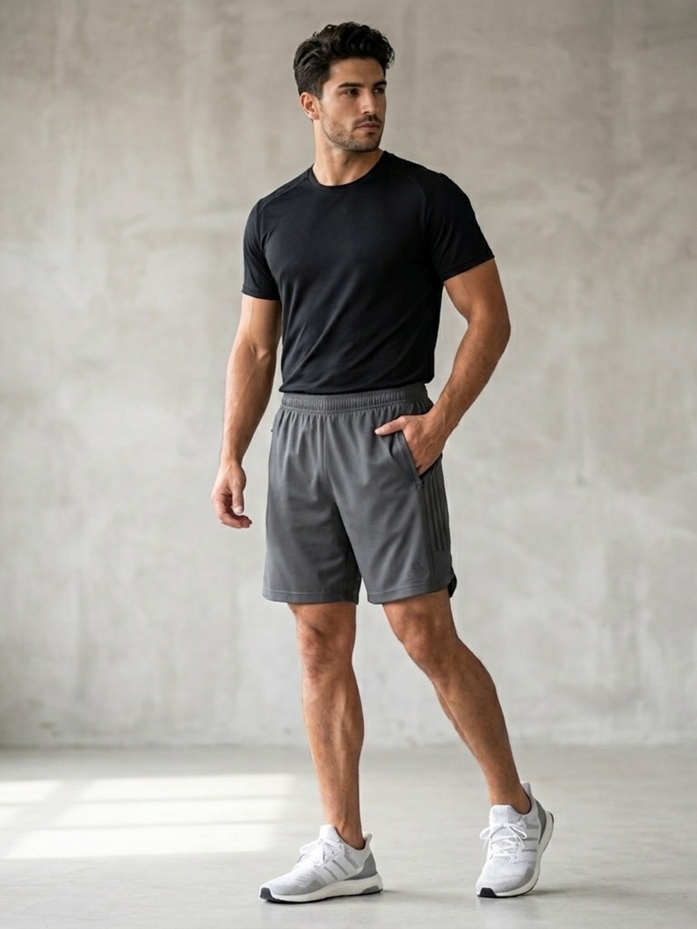 adidas Men's Grey Athletic Shorts with Side Stripe Large Zipper Pockets